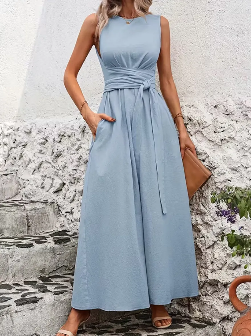 Robe longue sans manches à nouer à la taille pour femme - Robe d'été décontractée unie coupe trapèze avec poches - Vacances d'été à la plage 2026