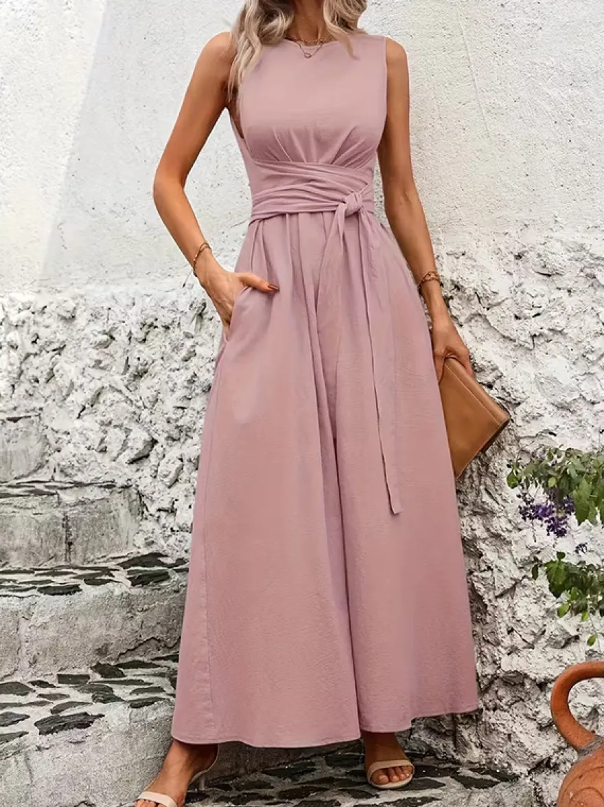 Robe longue sans manches à nouer à la taille pour femme - Robe d'été décontractée unie coupe trapèze avec poches - Vacances d'été à la plage 2026