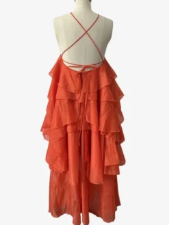 Robe longue à volants avec détails floraux et dos ouvert pour les événements d'été 2026