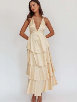 Robe longue à volants et décolleté plongeant pour femme - Robe en satin à dos croisé et volants superposés - Tenue de soirée d'été 2026