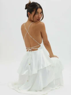 Robe longue à volants et décolleté plongeant pour femme - Robe en satin à dos croisé et volants superposés - Tenue de soirée d'été 2026