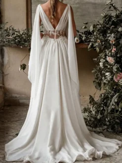 Robe mariée bohème col et dos V manche longue jupe plissée Robe de mariage