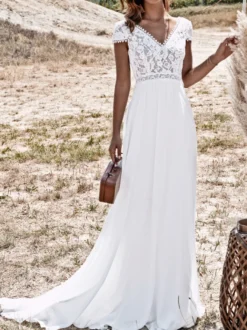 Robe mariée bohème robe de mariée boho col V manche courte boutonnée sur dos top en dentelle jupe