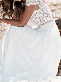 Robe mariée bohème robe de mariée boho col V manche courte boutonnée sur dos top en dentelle jupe