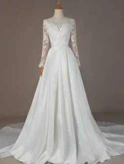 Robe mariée col rond en dentelle manche longue floral jupe évasé à traîne Robe de mariée
