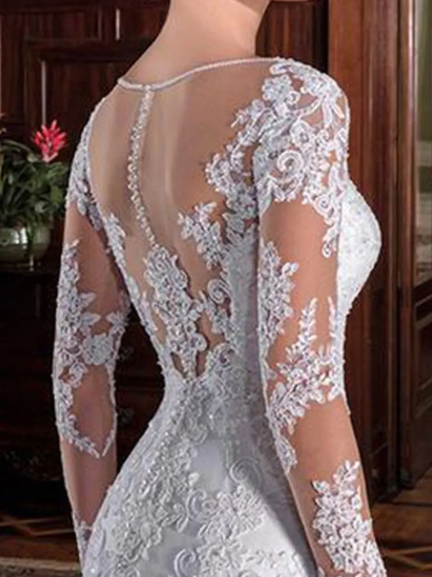 Robe mariée col rond manche longue en dentelle à traîne dos transparant Robe de mariée