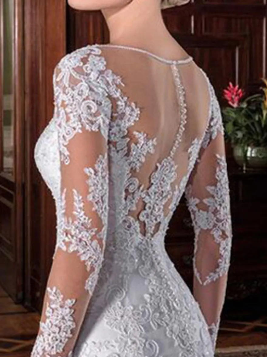 Robe mariée col rond manche longue en dentelle à traîne dos transparant Robe de mariée