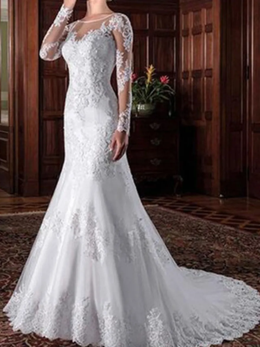 Robe mariée col rond manche longue en dentelle à traîne dos transparant Robe de mariée