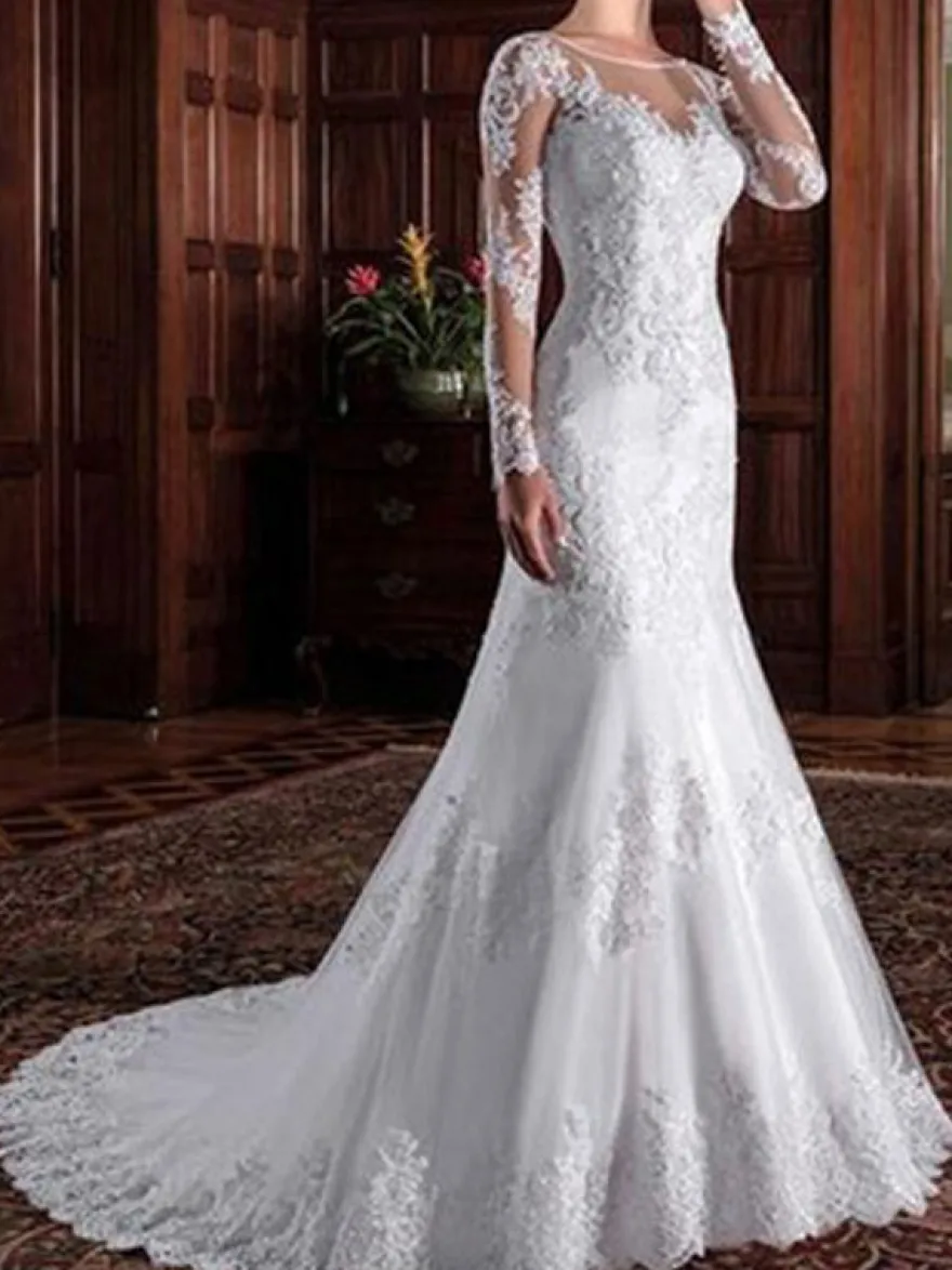 Robe mariée col rond manche longue en dentelle à traîne dos transparant Robe de mariée