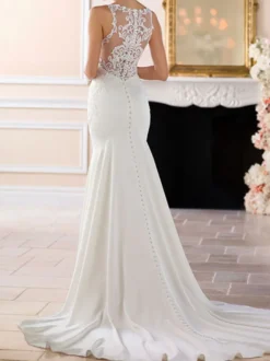 Robe mariée simple col bateau en dentelle dos transparent boutonnée à traîne robe de mariage