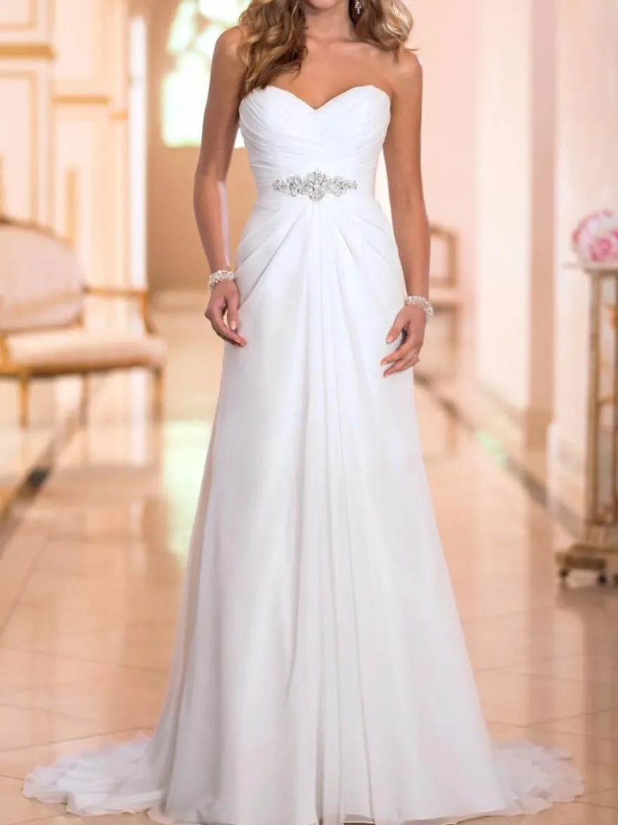 Robe mariée simple col en coeur décolletée à laçage jupe plissée à traîne robe de mariage