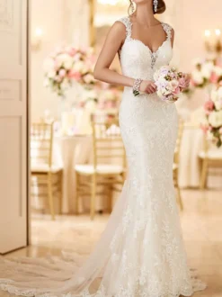 Robe mariée sirène à bretelle en dentelle dos nu à traîne Robe de mariée