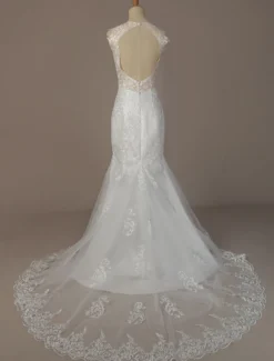 Robe mariée sirène à bretelle en dentelle dos nu à traîne Robe de mariée