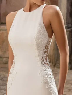 Robe mariée 2026 sirène col rond en dentelle à traîne boutonné sur dos Robe de mariée
