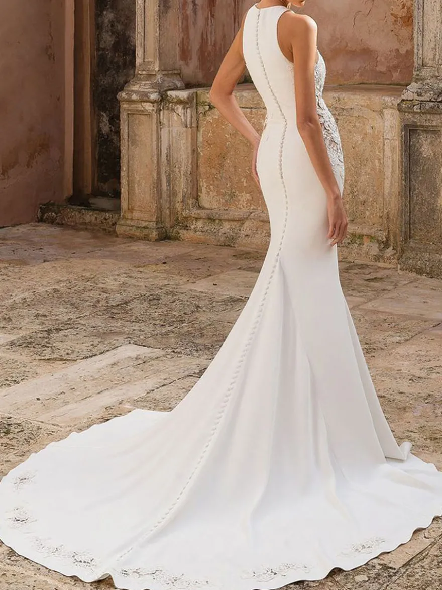 Robe mariée 2026 sirène col rond en dentelle à traîne boutonné sur dos Robe de mariée