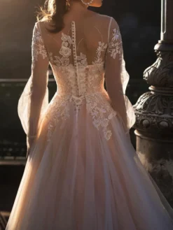 Robe mariée trapèze col rond manche longue transparent boutonné sur dos jupe vaporeuse Robe de mariage