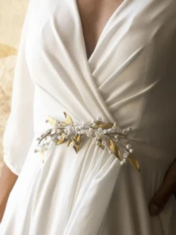 Robe mariée trapèze col V demi-manche longueur au sol dos en V nu jupe fendue robe de mariage
