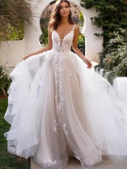 Robe mariée trapèze col V en detenlle à bretelle décolletée jupe bouffante à traîne Robe de mariage