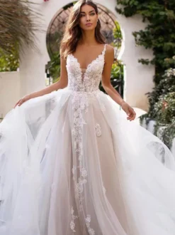 Robe mariée trapèze col V en detenlle à bretelle décolletée jupe bouffante à traîne Robe de mariage