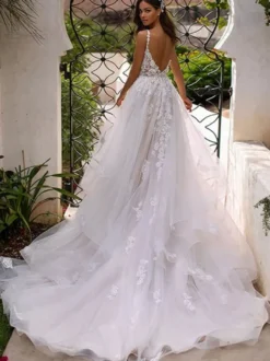 Robe mariée trapèze col V en detenlle à bretelle décolletée jupe bouffante à traîne Robe de mariage