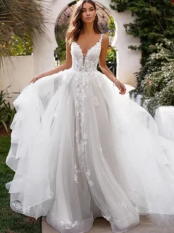 Robe mariée trapèze col V en detenlle à bretelle décolletée jupe bouffante à traîne Robe de mariage