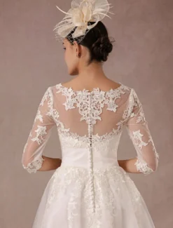 Robe mariée vintage col bateau demi-manche en dentelle jupe en tulle courte au dessus de genou Robe de mariage