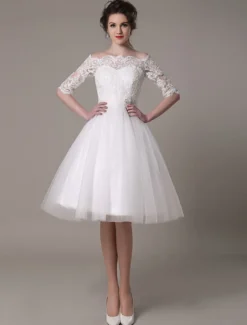 Robe mariée vintage col bateau demi-manche en dentelle jupe en tulle courte au dessus de genou Robe de mariage