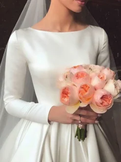 Robe mariée vintage col rond manche longue jupe plissée à traîne Robe de mariage