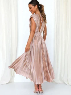 Robe Maxi Col V Sans Manches Décontractée Robe Longue Plissée