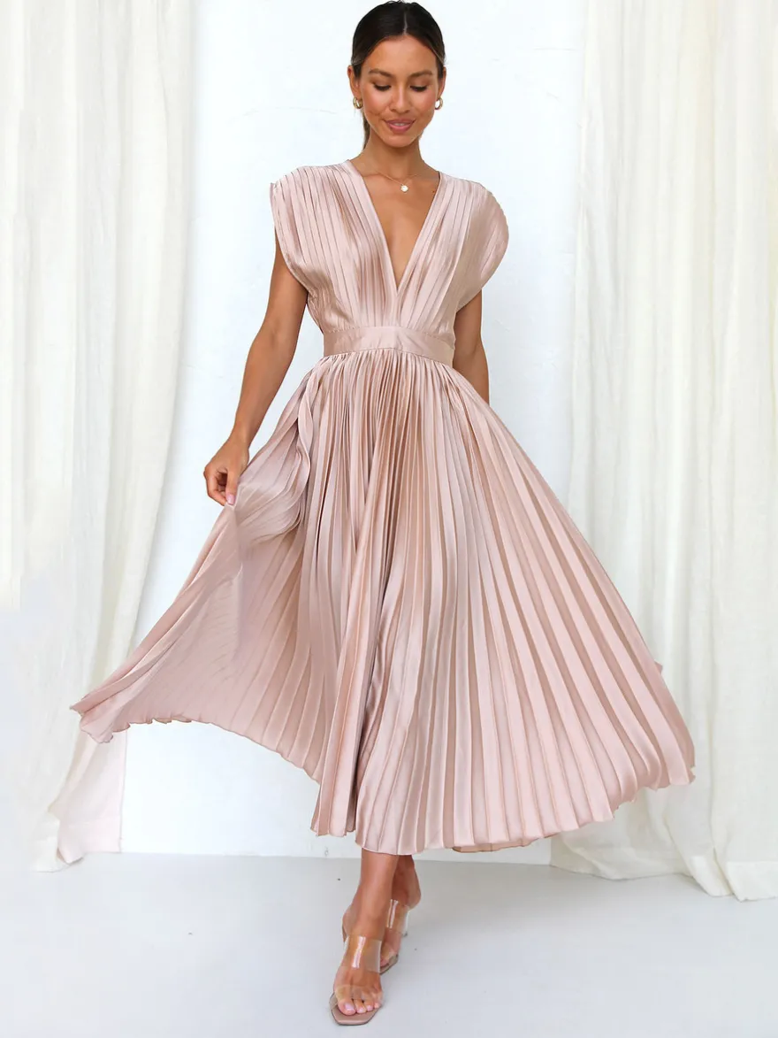 Robe Maxi Col V Sans Manches Décontractée Robe Longue Plissée