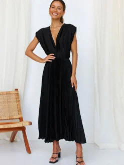 Robe Maxi Col V Sans Manches Décontractée Robe Longue Plissée