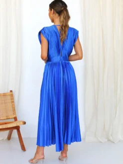 Robe Maxi Col V Sans Manches Décontractée Robe Longue Plissée