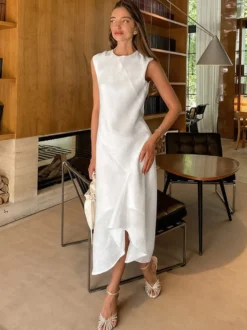 Robe maxi de tous les jours pour femme sans manches col rond taille naturelle élégante robe blanche