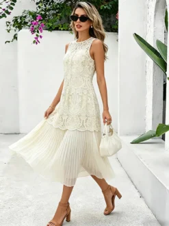 Robe maxi de tous les jours pour femme sans manches col rond taille naturelle élégante robe en dentelle