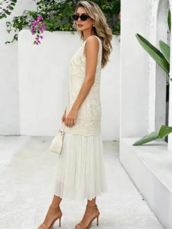 Robe maxi de tous les jours pour femme sans manches col rond taille naturelle élégante robe en dentelle