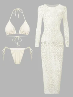 Robe midi de plage à manches longues en résille avec ensemble bikini dos nu assorti