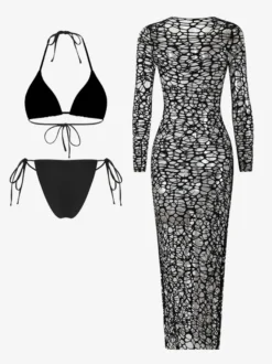 Robe midi de plage à manches longues en résille avec ensemble bikini dos nu assorti