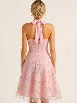 Robe midi fleurie vintage années 1950 pour femme - Robe d'été trapèze en maille brodée à col halter - Idéale pour un mariage printanier au jardin (2026)