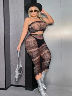 Robe midi noire bustier en dentelle transparente taille découpée robe moulante transparente pour soirée