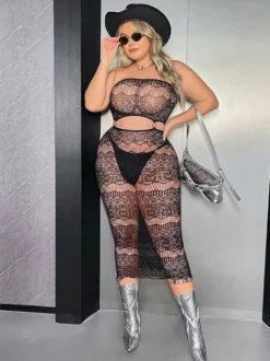 Robe midi noire bustier en dentelle transparente taille découpée robe moulante transparente pour soirée