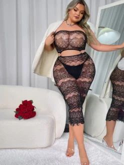 Robe midi noire bustier en dentelle transparente taille découpée robe moulante transparente pour soirée