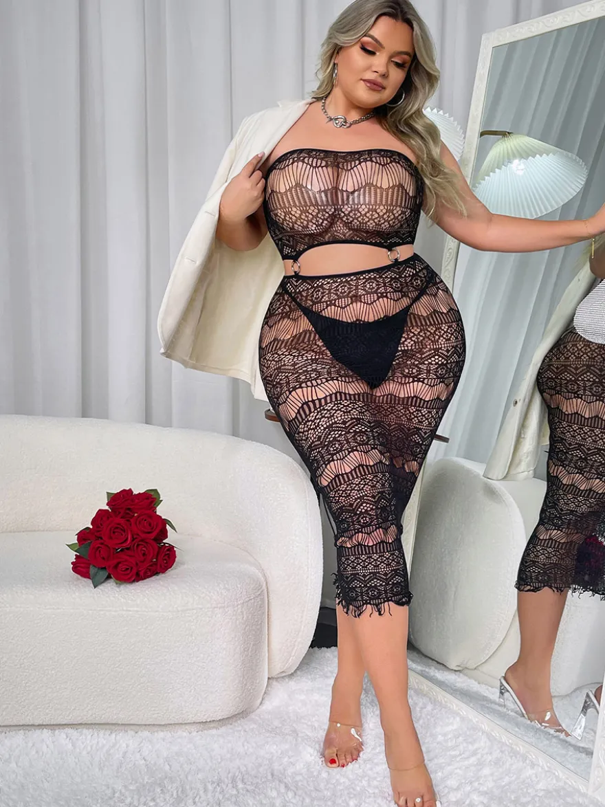 Robe midi noire bustier en dentelle transparente taille découpée robe moulante transparente pour soirée