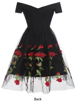 Robe midi trapèze vintage brodée de roses pour femme - Style années 50 épaules dénudées - Idéale pour un goûter d'été 2026