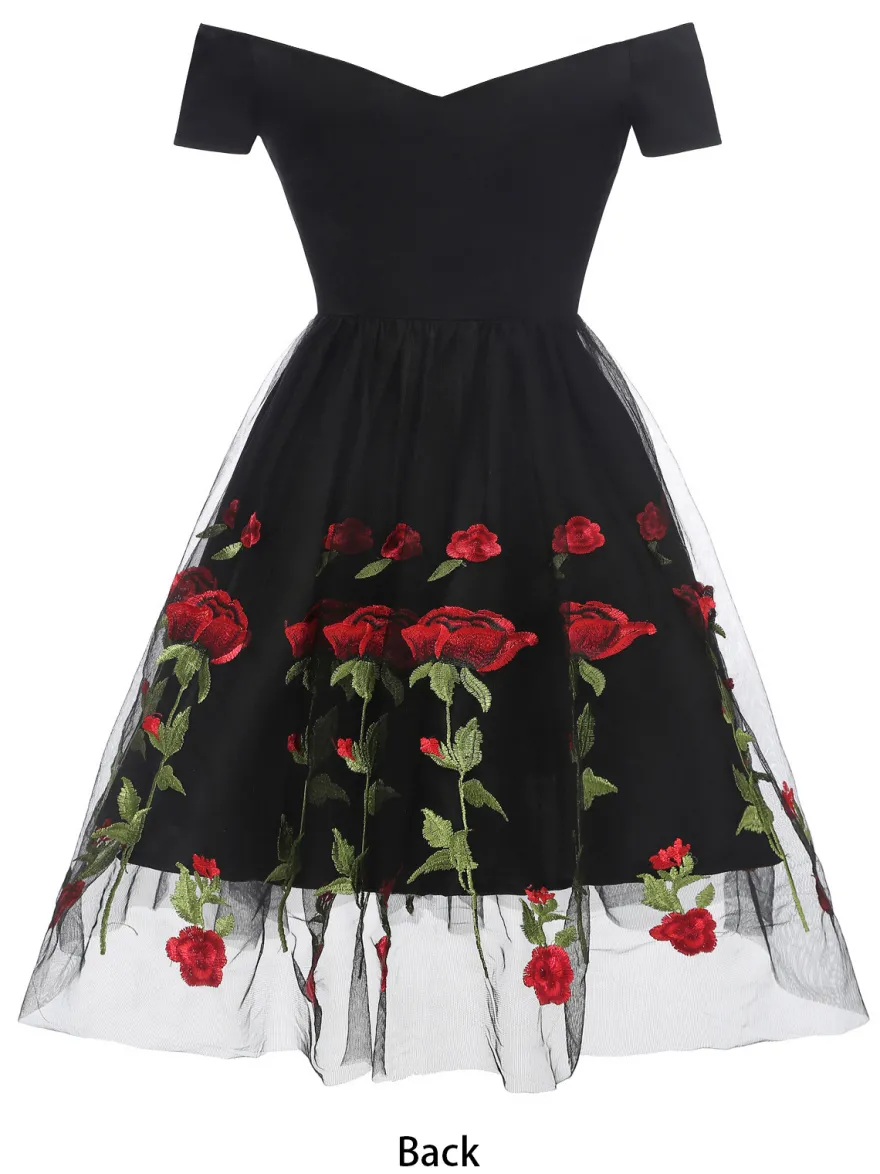 Robe midi trapèze vintage brodée de roses pour femme - Style années 50 épaules dénudées - Idéale pour un goûter d'été 2026