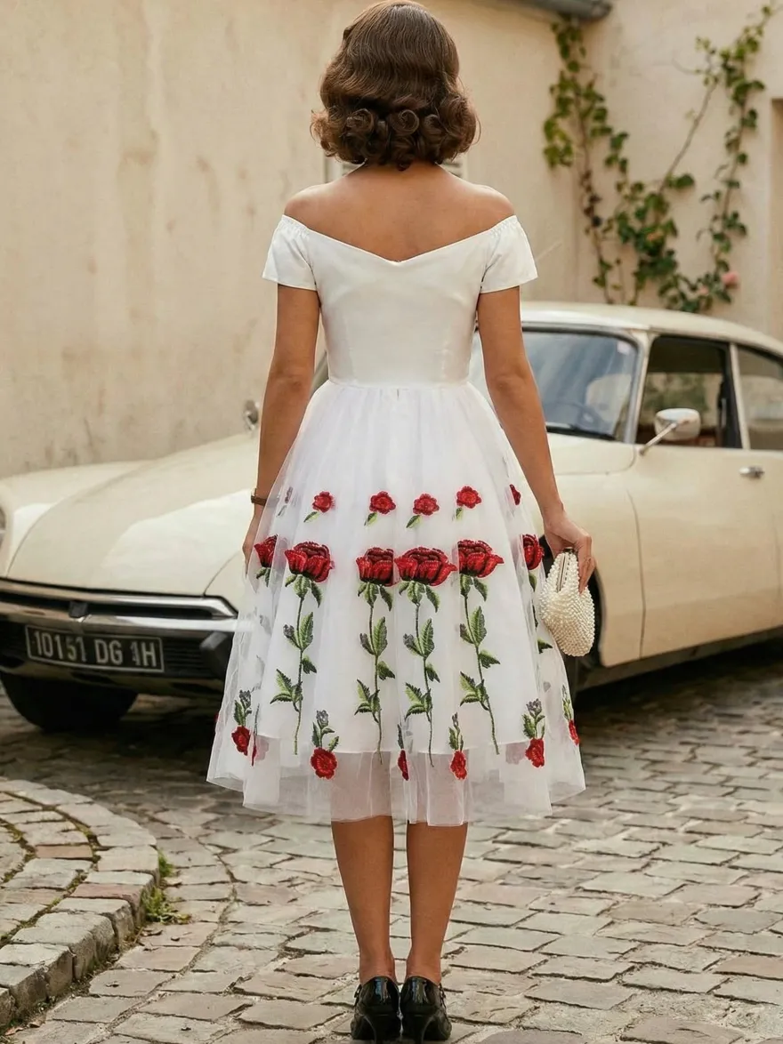 Robe midi trapèze vintage brodée de roses pour femme - Style années 50 épaules dénudées - Idéale pour un goûter d'été 2026