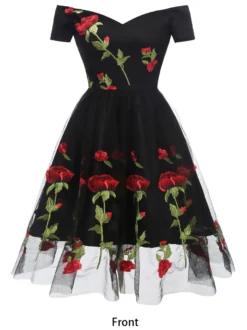 Robe midi trapèze vintage brodée de roses pour femme - Style années 50 épaules dénudées - Idéale pour un goûter d'été 2026