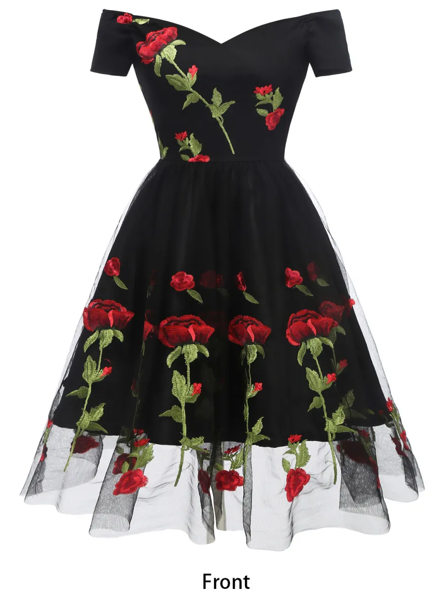Robe midi trapèze vintage brodée de roses pour femme - Style années 50 épaules dénudées - Idéale pour un goûter d'été 2026