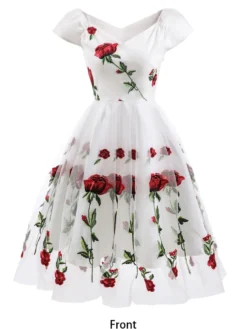 Robe midi trapèze vintage brodée de roses pour femme - Style années 50 épaules dénudées - Idéale pour un goûter d'été 2026