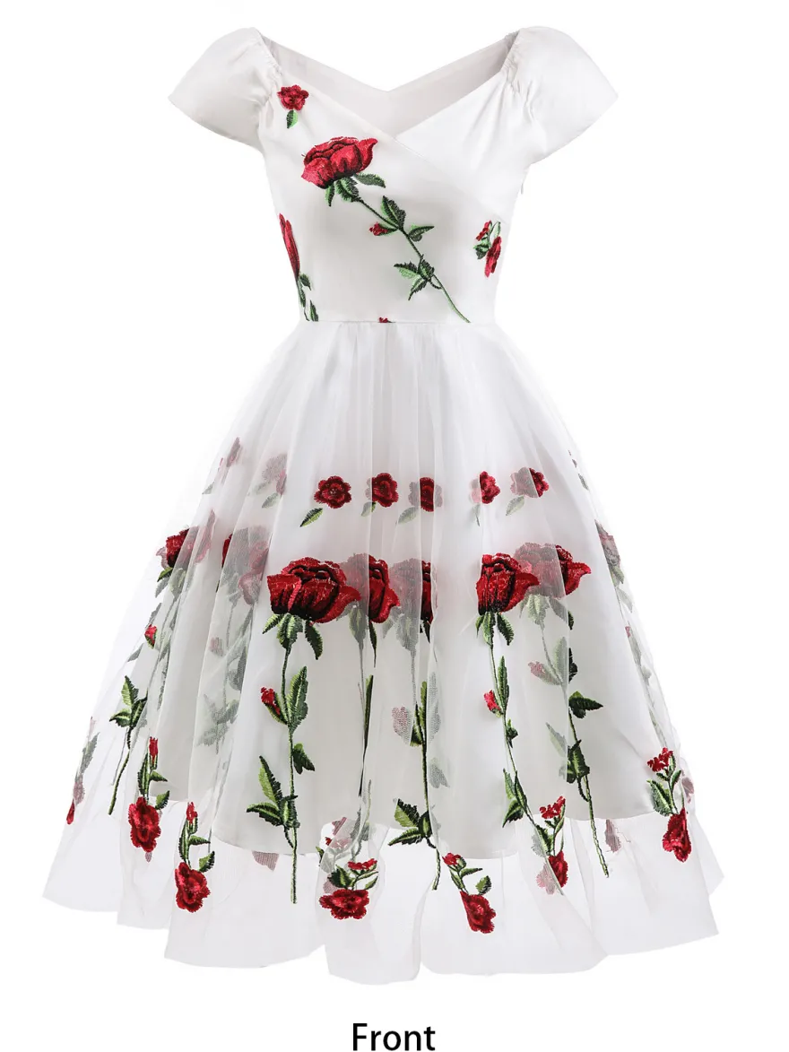 Robe midi trapèze vintage brodée de roses pour femme - Style années 50 épaules dénudées - Idéale pour un goûter d'été 2026