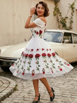 Robe midi trapèze vintage brodée de roses pour femme - Style années 50 épaules dénudées - Idéale pour un goûter d'été 2026